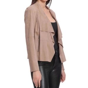 Bagatelle Womens LARGE TAN Open Front Long Sleeve Moto Faux Leather Jacket Suede